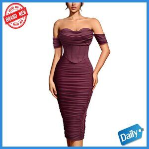 Off Shoulder Midi Dress Built-in Bra Ruched Corset Bodycon Cocktail